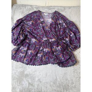 Women’s Kika Vargas Wrap Blouse 100% Cotton Floral Purple Puff Sleeves 4X